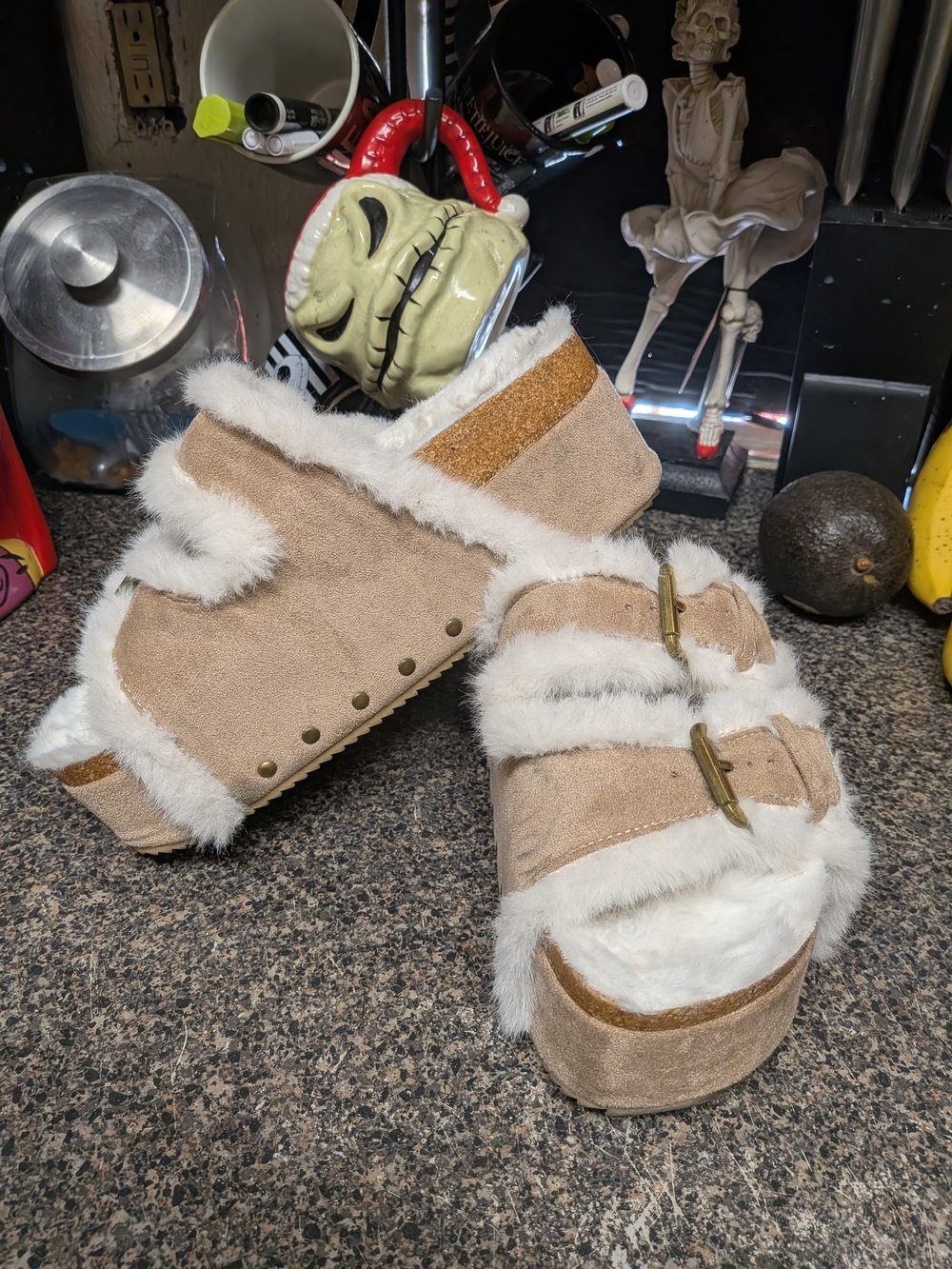Women’s Suede  And Faux Fur Platform Slide - Beige
